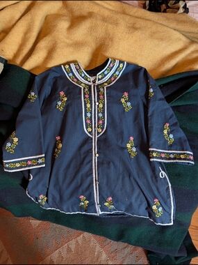 Leandra Embroidered Navy Jacket with Floral Trim